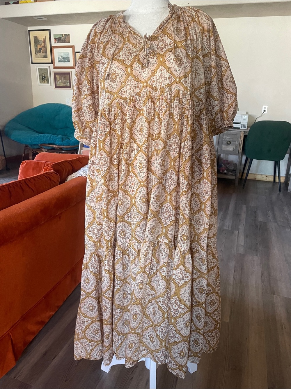 Cotton Block Print Midi Dress